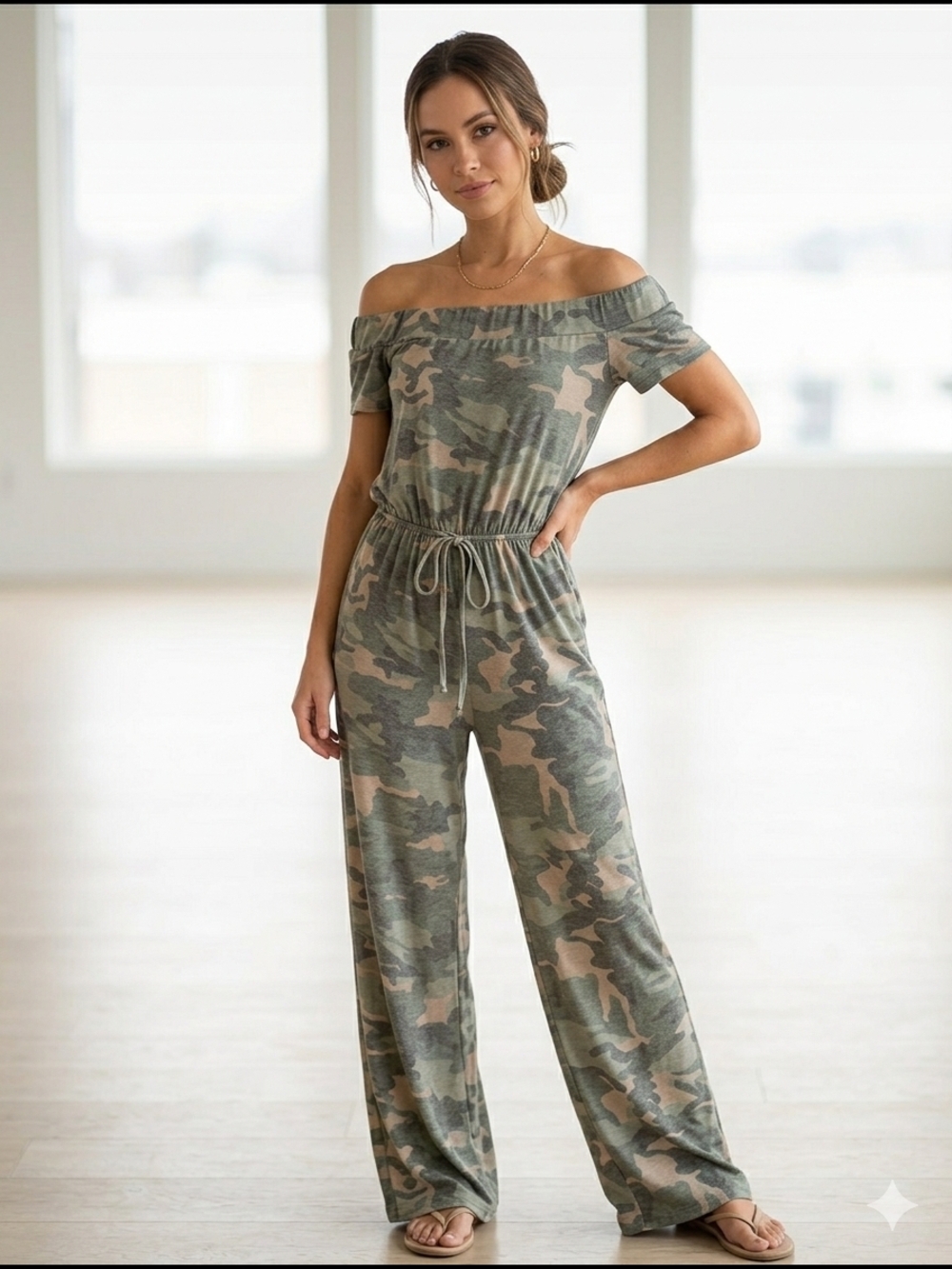 Fantastic Fawn Off-Shoulder Camo Wide-Leg Jumpsuit - Olive & Tan